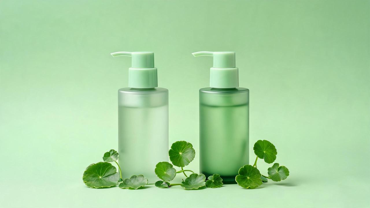 Two Korean cica skincare bottles with fresh centella leaves on a green background