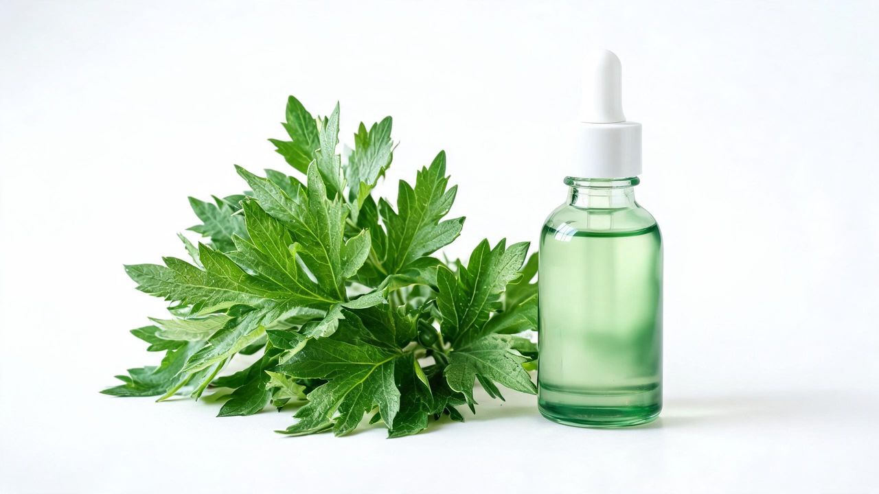 Fresh artemisia mugwort leaves beside a green-tinted skincare bottle