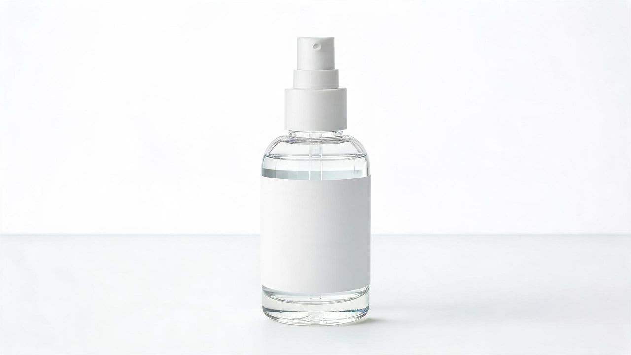 Minimalist niacinamide serum bottle with a clear formula on a white surface