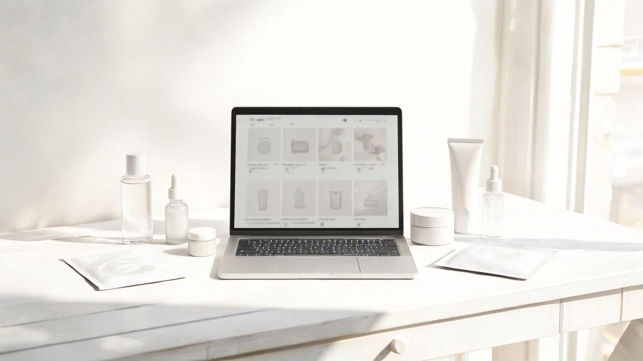 A laptop surrounded by Korean skincare products representing online shopping
