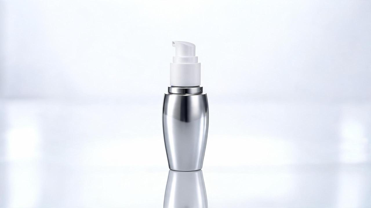 Sleek metallic silver and white Korean peptide serum bottle on a reflective surface