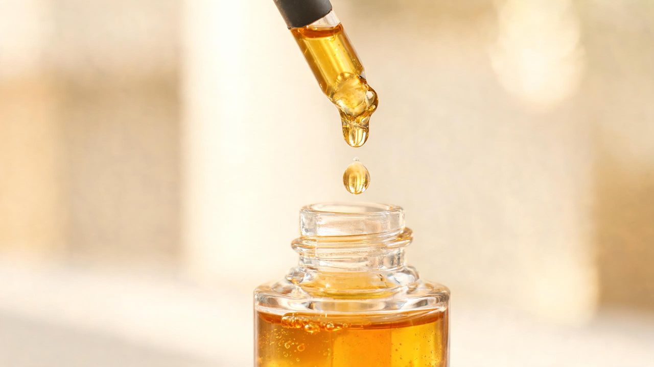 Golden amber propolis serum dripping from a dropper into a bottle