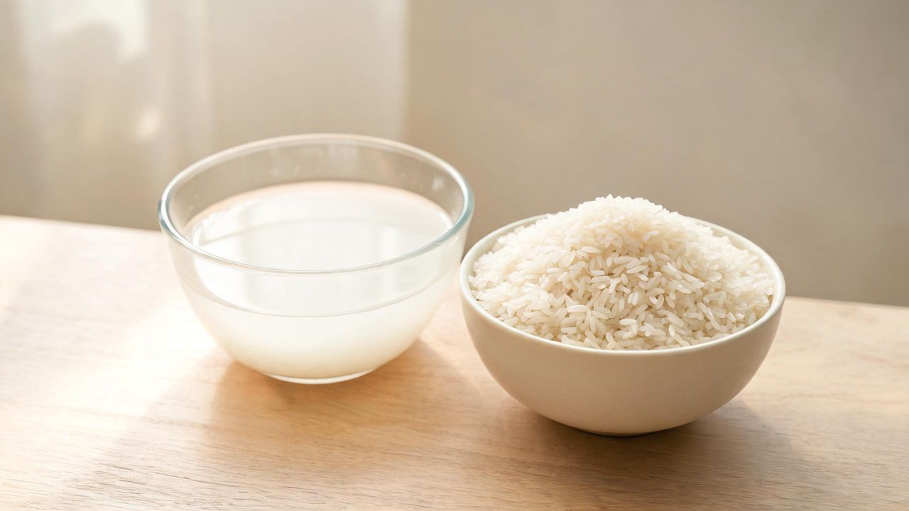 Milky rice water in a glass bowl beside a bowl of uncooked rice, traditional Korean skincare ingredient
