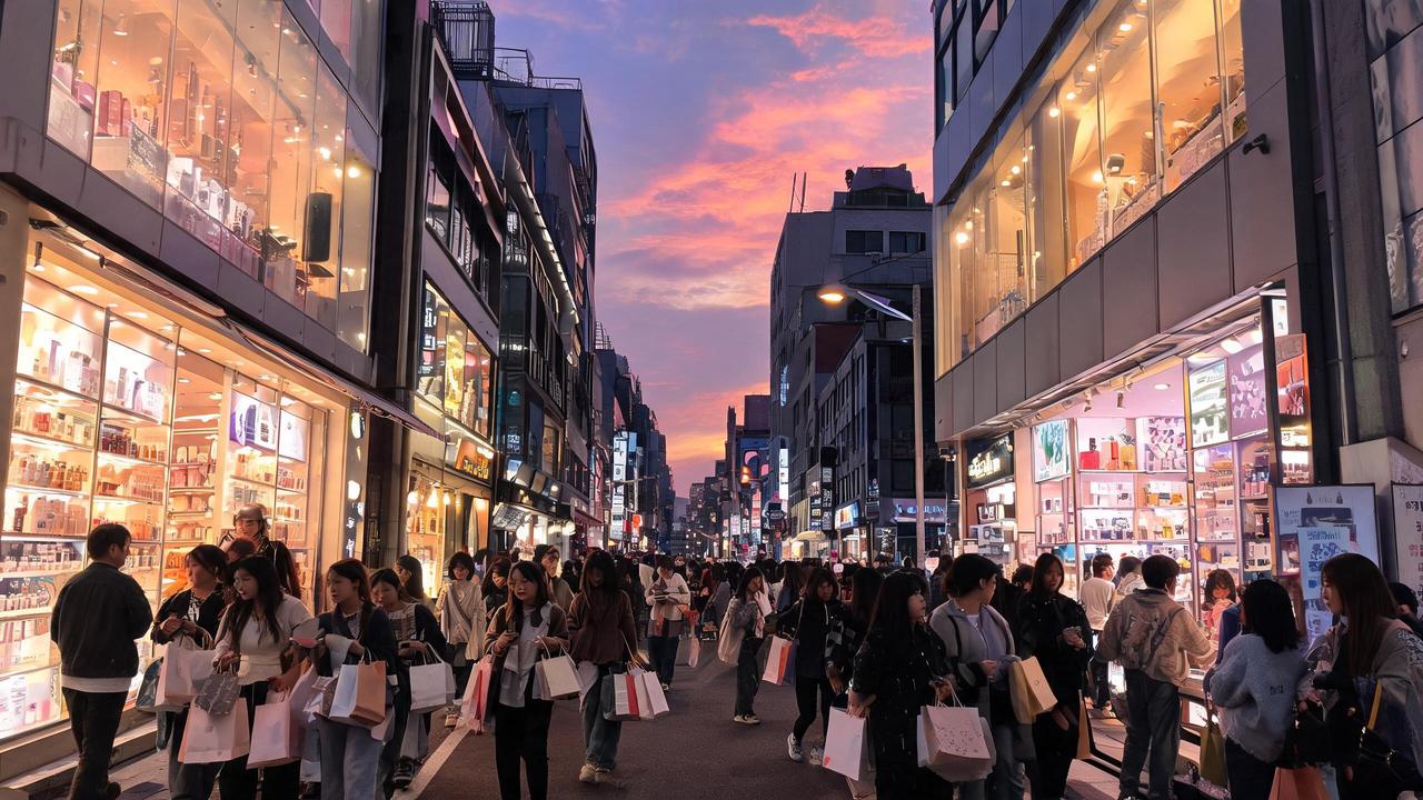 Bright Myeongdong shopping street in Seoul lined with Korean beauty stores