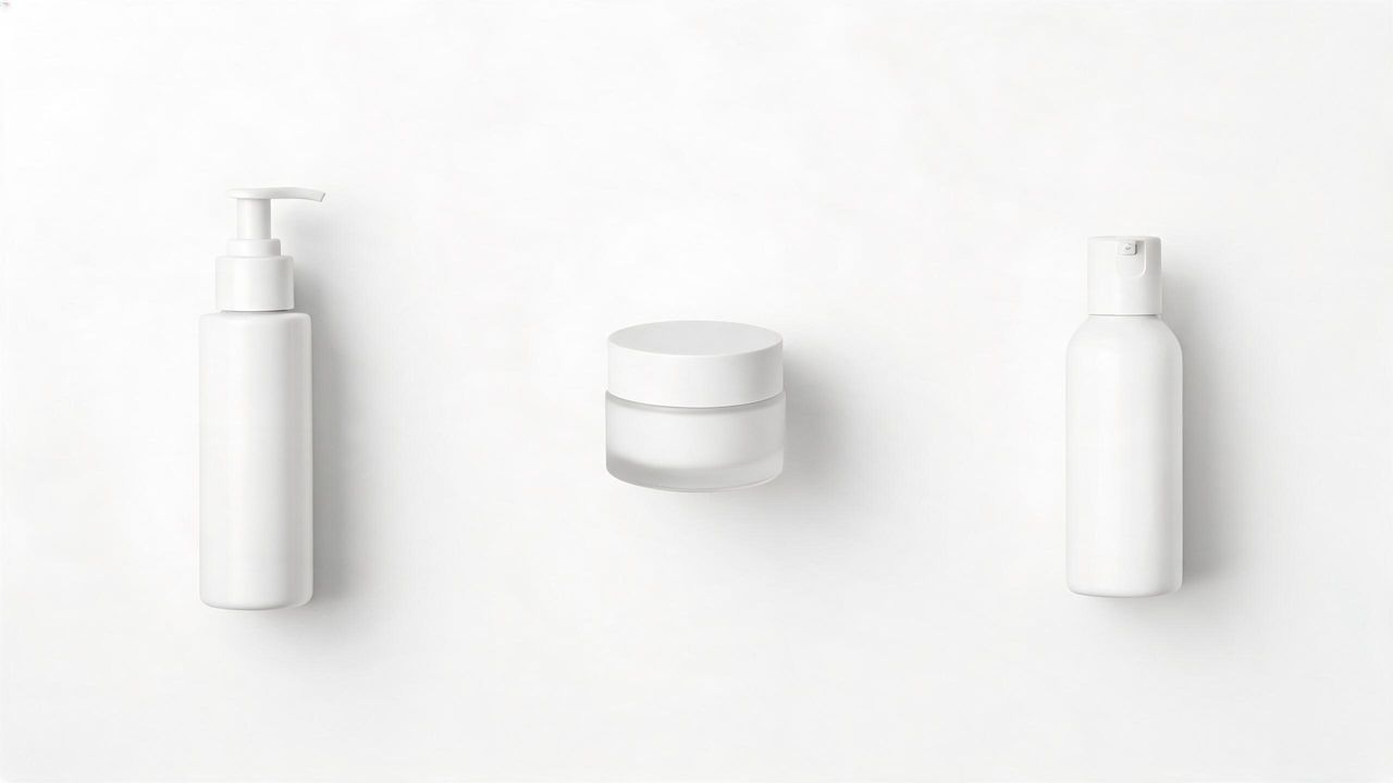 Minimal flat-lay of just three Korean skincare products — cleanser, moisturizer, and SPF — on a clean white surface