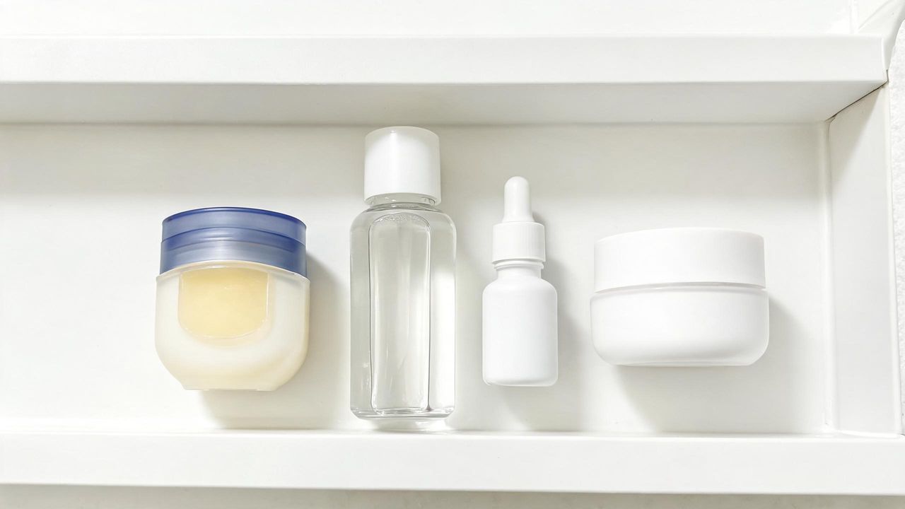 A small jar of petroleum jelly beside minimalist Korean skincare products on a white bathroom shelf, close-up flat-lay