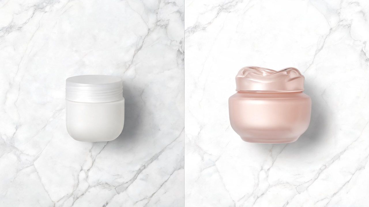 Product comparison flat-lay with a small jar of petroleum jelly on the left and an elegant Korean sleeping mask jar on the right over a split marble background