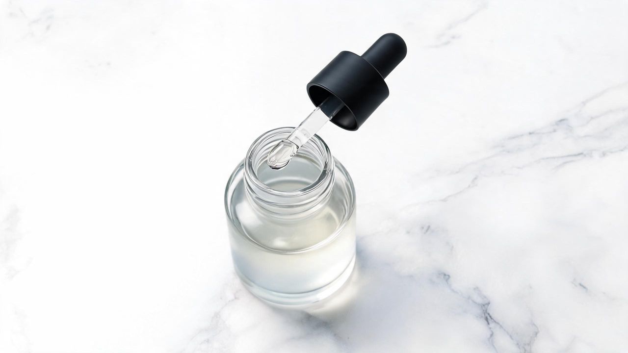 Viscous snail mucin serum in a minimal dropper bottle on a white marble surface