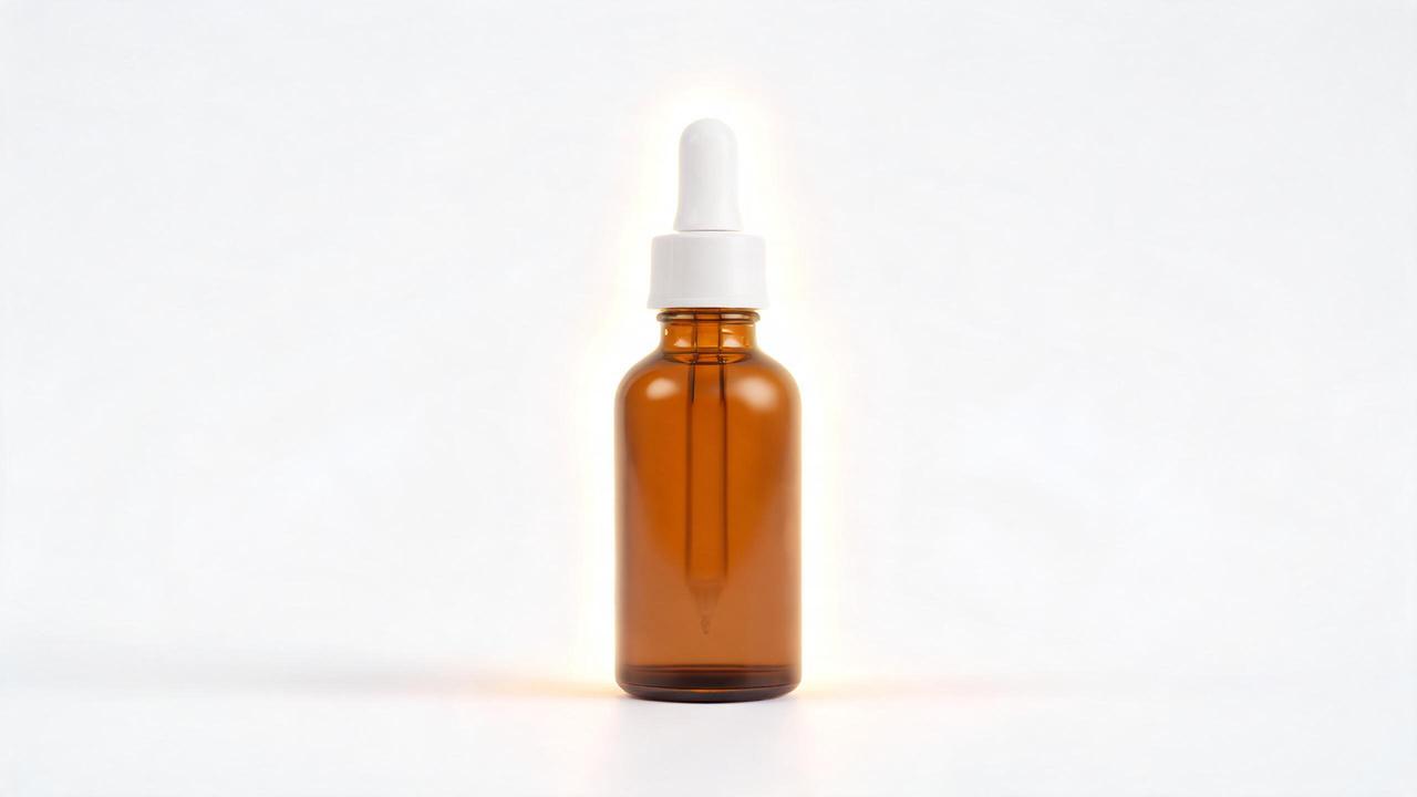 Vitamin C serum in an amber glass dropper bottle with a soft glow on white