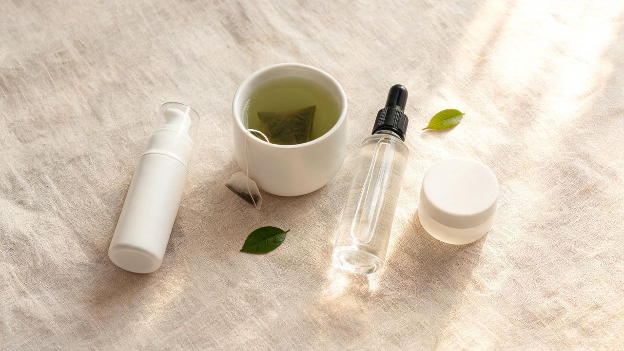 Korean skincare and lifestyle flat lay with sunscreen and green tea in morning light